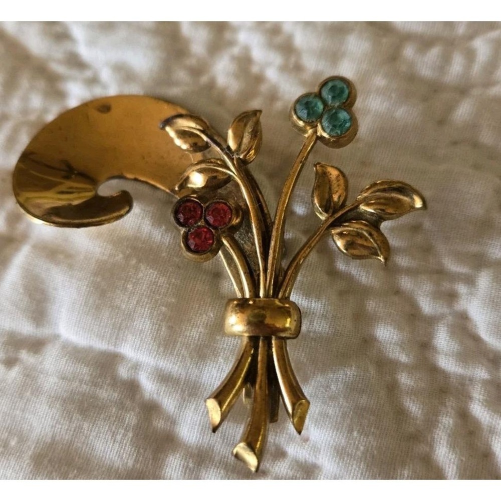 Vintage Coro Rhinestone Flower Floral Brooch Pin Asymmetrical Colored Stones